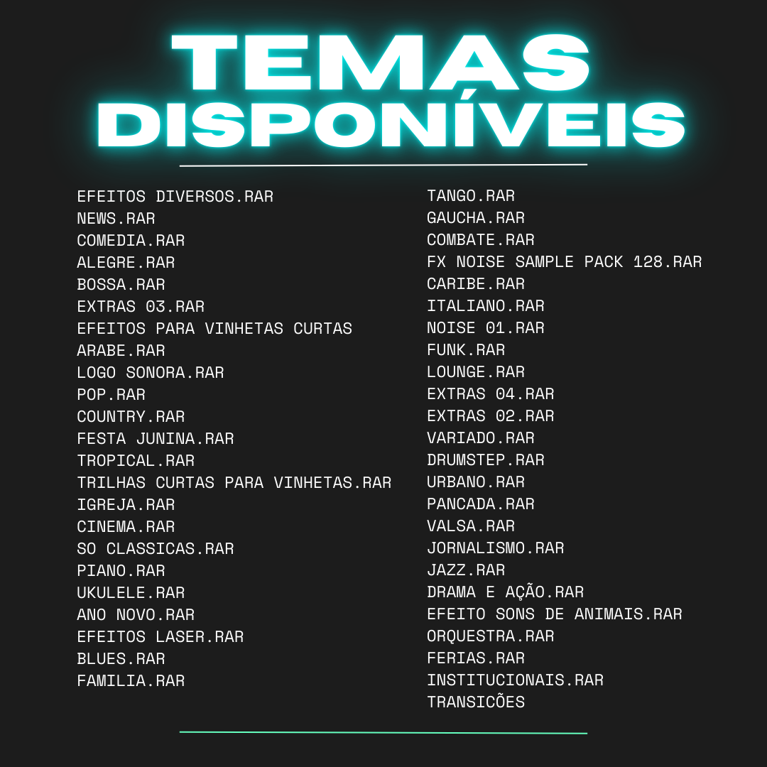 Temas disponiveis no pacote de trilhas e efeitos 2