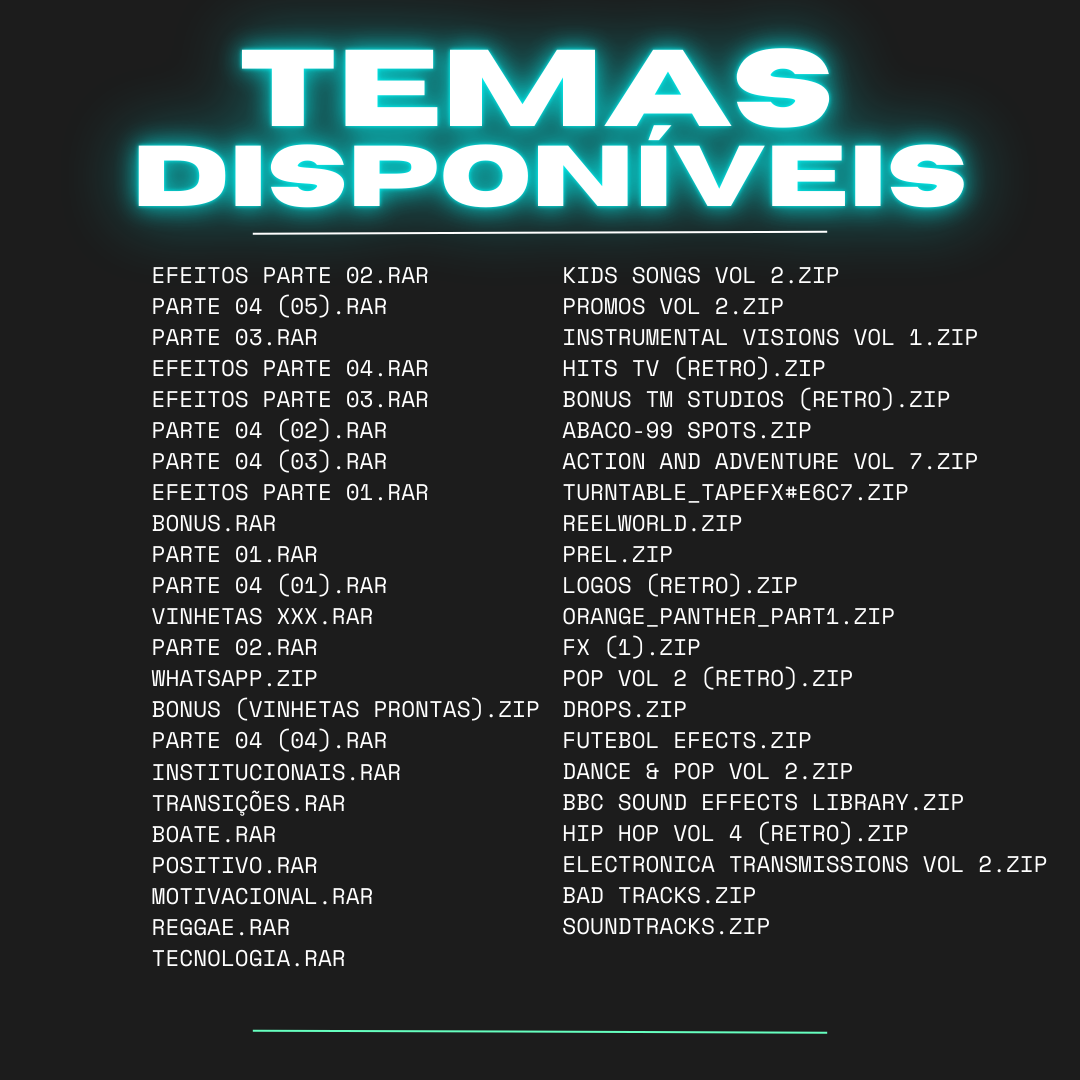 Temas disponiveis no pacote de trilhas e efeitos 3