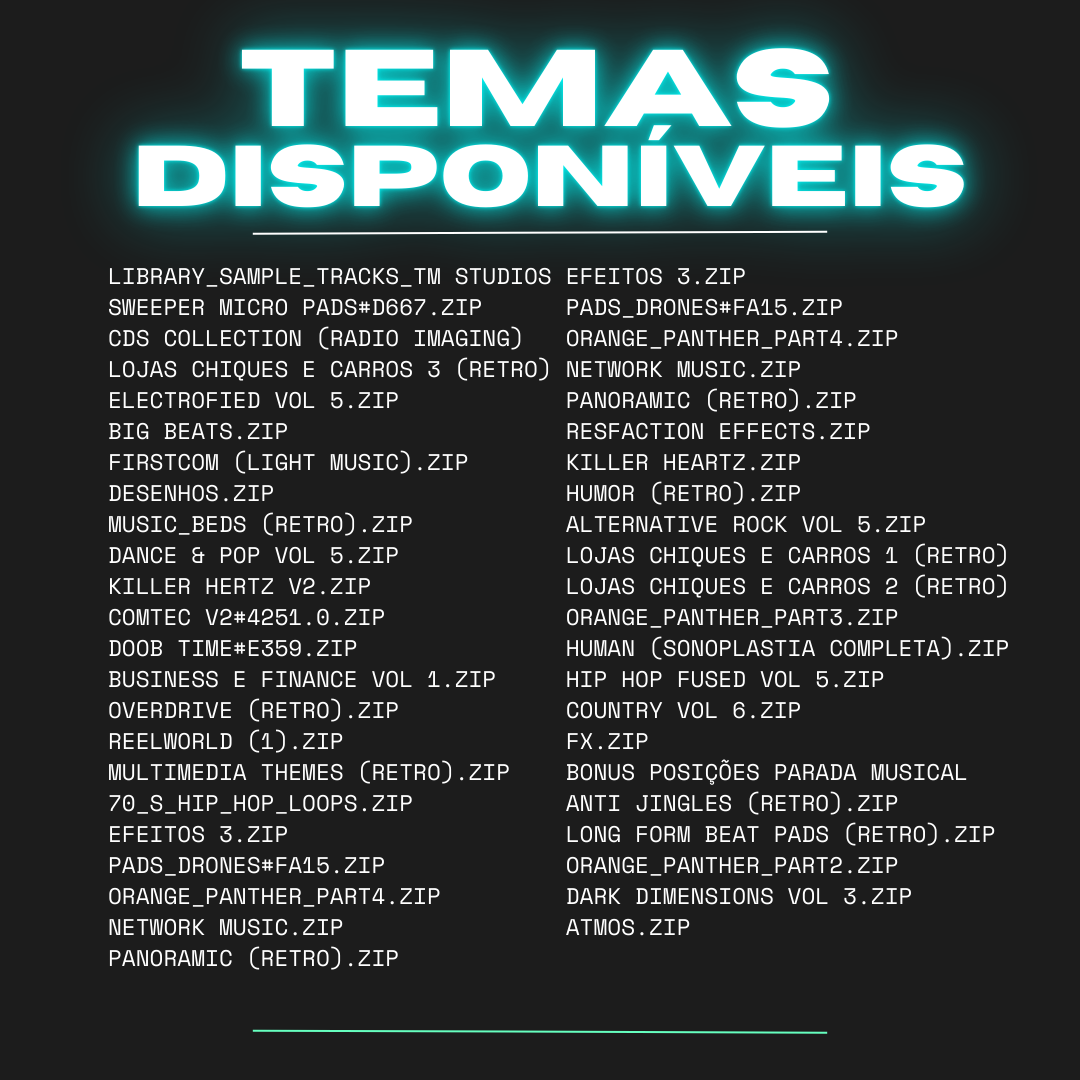 Temas disponiveis no pacote de trilhas e efeitos 4